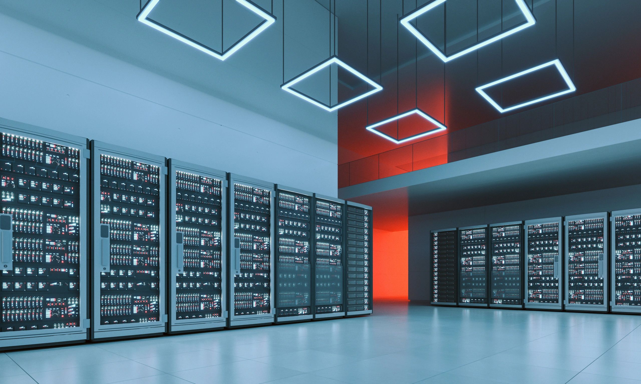 Rows of servers in a modern data center